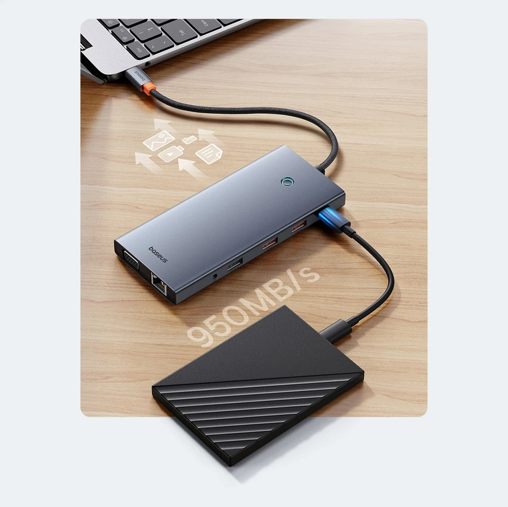 13in1 šakotuvas Baseus PortalJoy USB-C priedas HDMI+DP+VGA+C+USB+PD+RJ45+SD/TF+3.5 mm (pilkas)