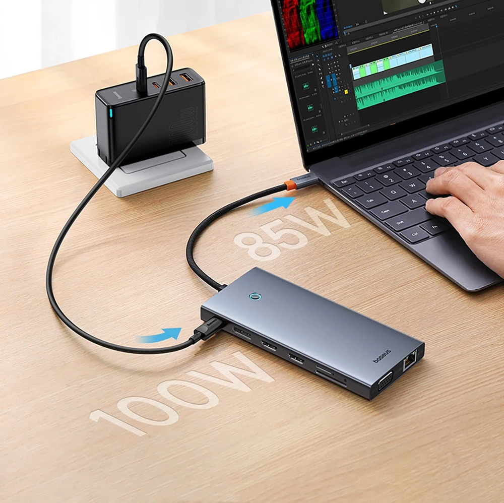 13in1 šakotuvas Baseus PortalJoy USB-C priedas HDMI+DP+VGA+C+USB+PD+RJ45+SD/TF+3.5 mm (pilkas)