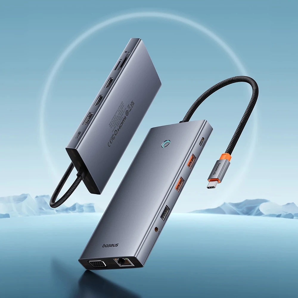 13in1 šakotuvas Baseus PortalJoy USB-C priedas HDMI+DP+VGA+C+USB+PD+RJ45+SD/TF+3.5 mm (pilkas)