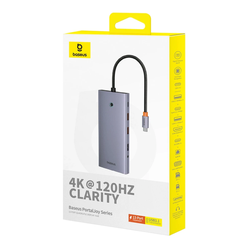 13in1 šakotuvas Baseus PortalJoy USB-C priedas HDMI+DP+VGA+C+USB+PD+RJ45+SD/TF+3.5 mm (pilkas)