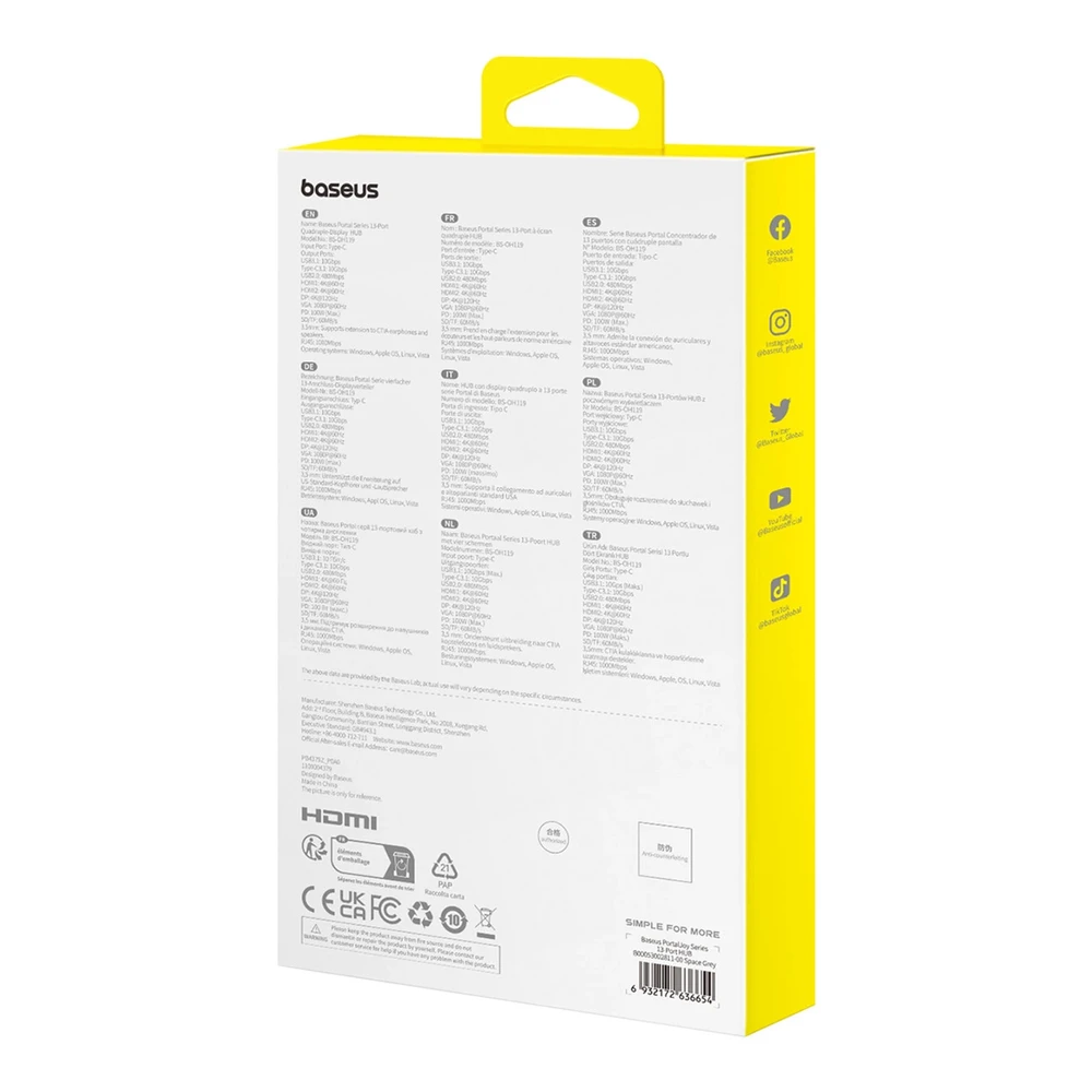 13in1 šakotuvas Baseus PortalJoy USB-C priedas HDMI+DP+VGA+C+USB+PD+RJ45+SD/TF+3.5 mm (pilkas)