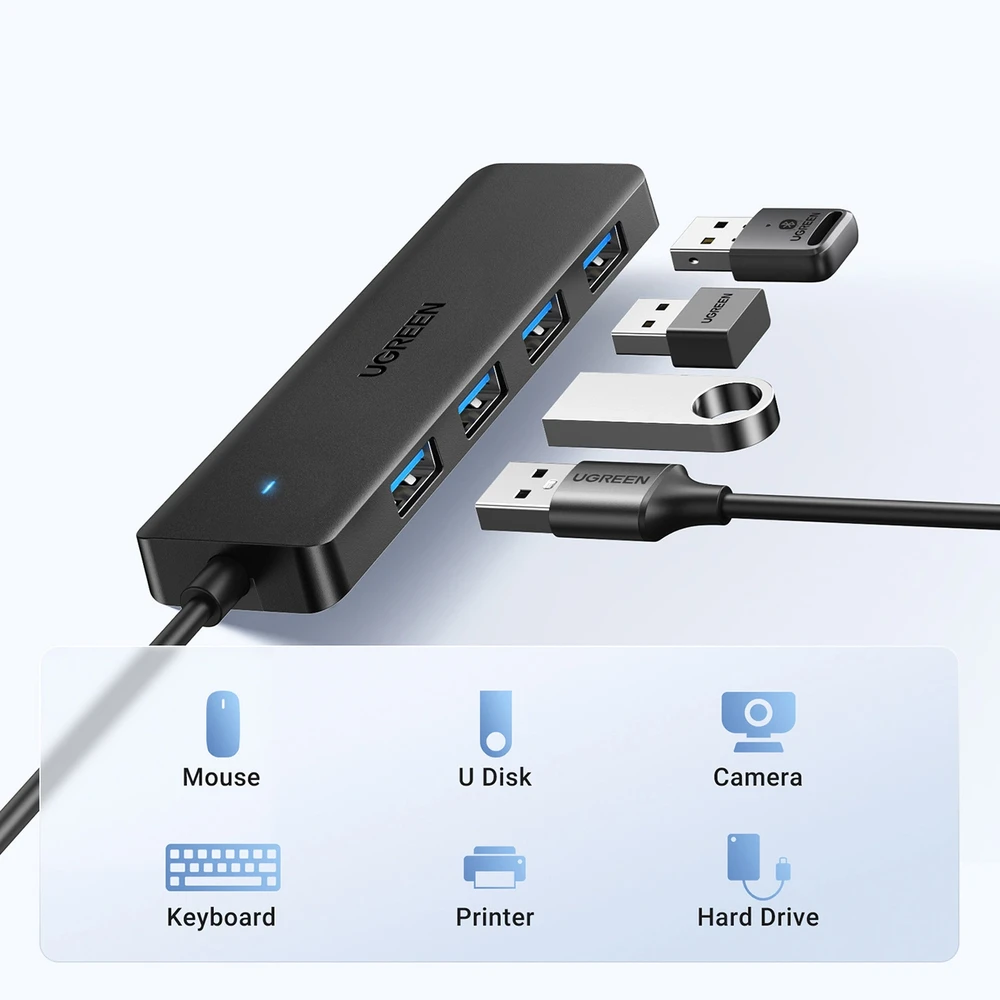 HUB Ugreen CM219 35574 with 4 USB-A 3.0 jungtys and USB-A 3.0 kabelis 1m - juodos spalvos