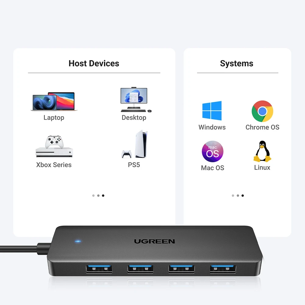 HUB Ugreen CM219 35574 with 4 USB-A 3.0 jungtys and USB-A 3.0 kabelis 1m - juodos spalvos