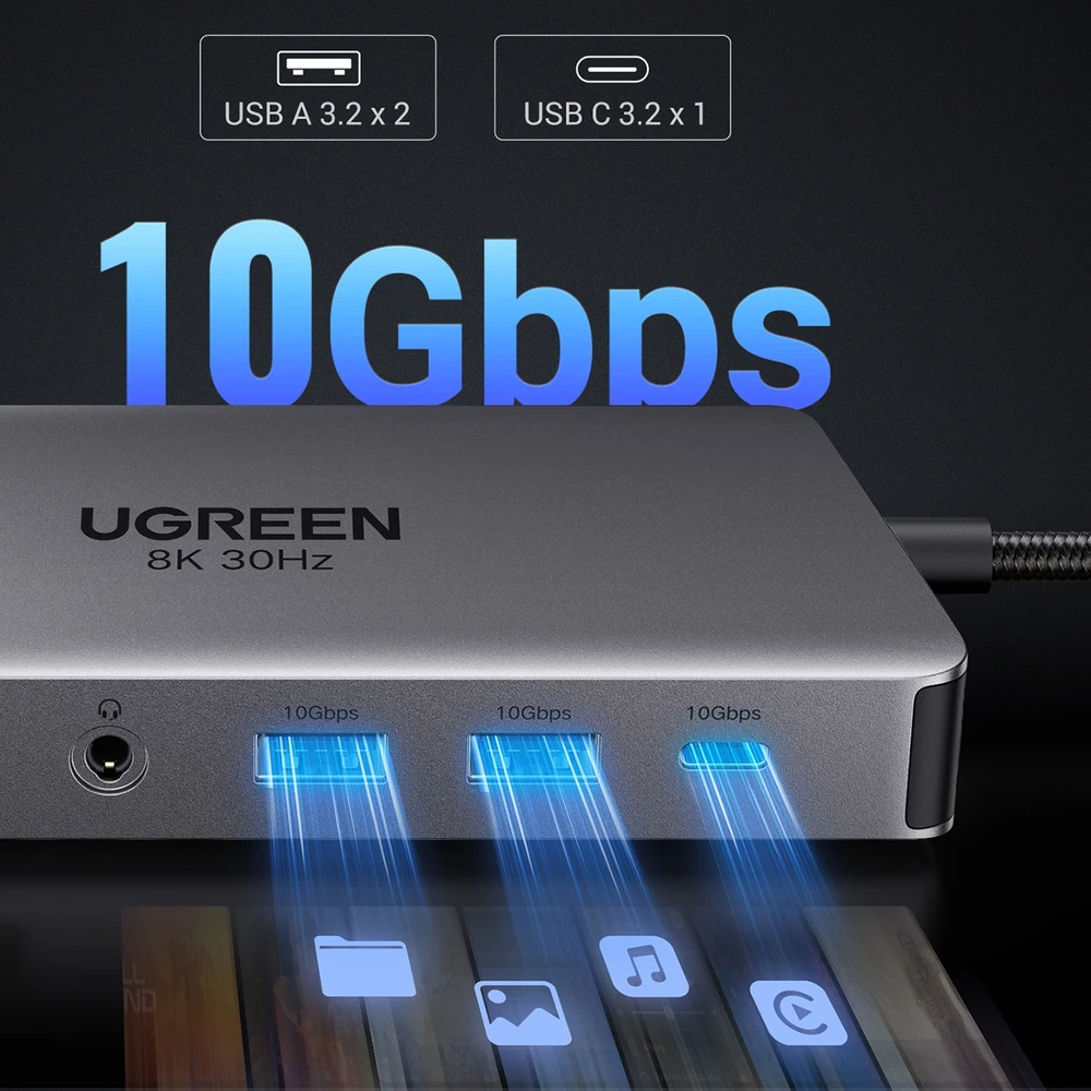 Ugreen USB-C CM681 | 4x USB | 2x HDMI | DisplayPort | RJ45 | SD/TF | AUX | PD 100W (pilka)