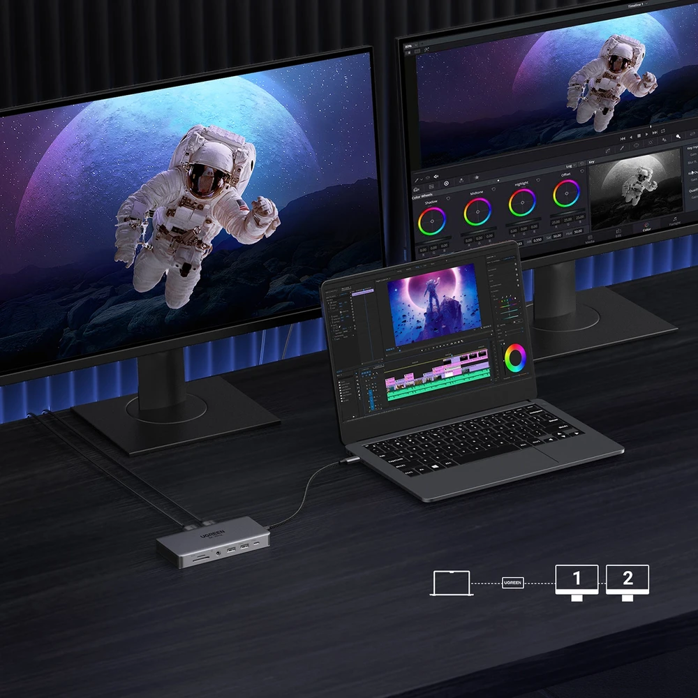 Ugreen USB-C šakotuvas prijungtas prie dviejų monitorių