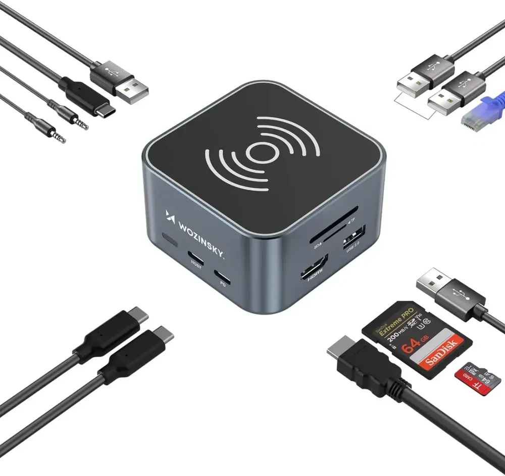 USB-C šakotuvas 12 in 1 Wozinsky WHBC09Y8S daugiafunkcis, su belaidžio įkrovimo funkcija, aliuminis, su 15 cm laidu - pilka