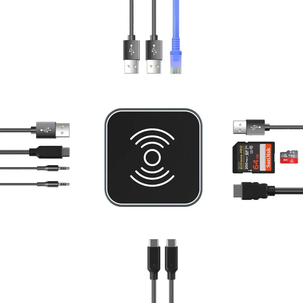 USB-C šakotuvas 12 in 1 Wozinsky WHBC09Y8S daugiafunkcis, su belaidžio įkrovimo funkcija, aliuminis, su 15 cm laidu - pilka