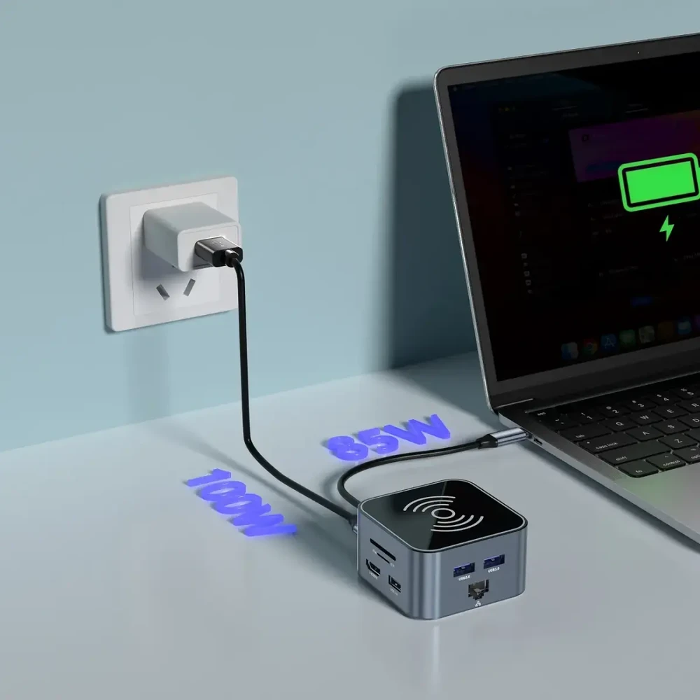 USB-C šakotuvas 12 in 1 Wozinsky WHBC09Y8S daugiafunkcis, su belaidžio įkrovimo funkcija, aliuminis, su 15 cm laidu - pilka