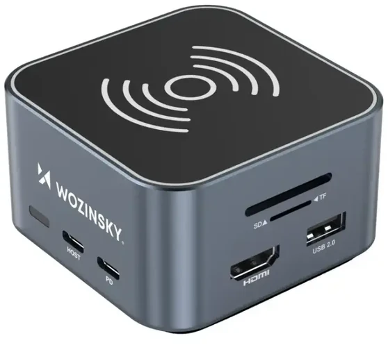 USB-C šakotuvas 12 in 1 Wozinsky WHBC09Y8S daugiafunkcis, su belaidžio įkrovimo funkcija, aliuminis, su 15 cm laidu - pilka