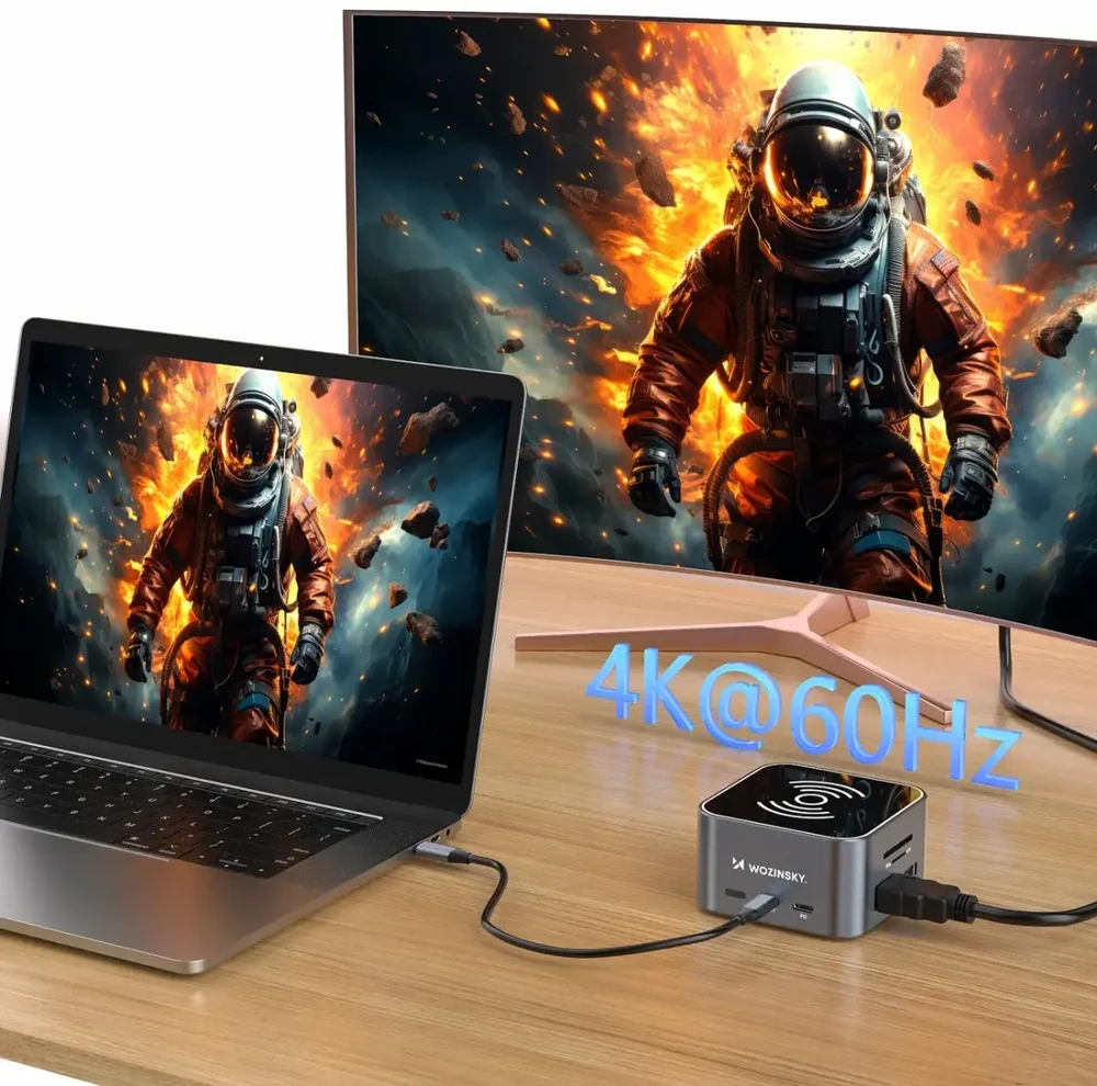 USB-C šakotuvas 12 in 1 Wozinsky WHBC09Y8S daugiafunkcis, su belaidžio įkrovimo funkcija, aliuminis, su 15 cm laidu - pilka