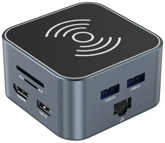USB-C šakotuvas 12 in 1 Wozinsky WHBC09Y8S daugiafunkcis, su belaidžio įkrovimo funkcija, aliuminis, su 15 cm laidu - pilka