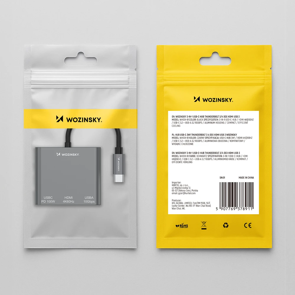 Wozinsky WHCH-01 USB-C PD šakotuvas 100W HDMI 4K@30Hz USB-A 10Gbps - pilkas