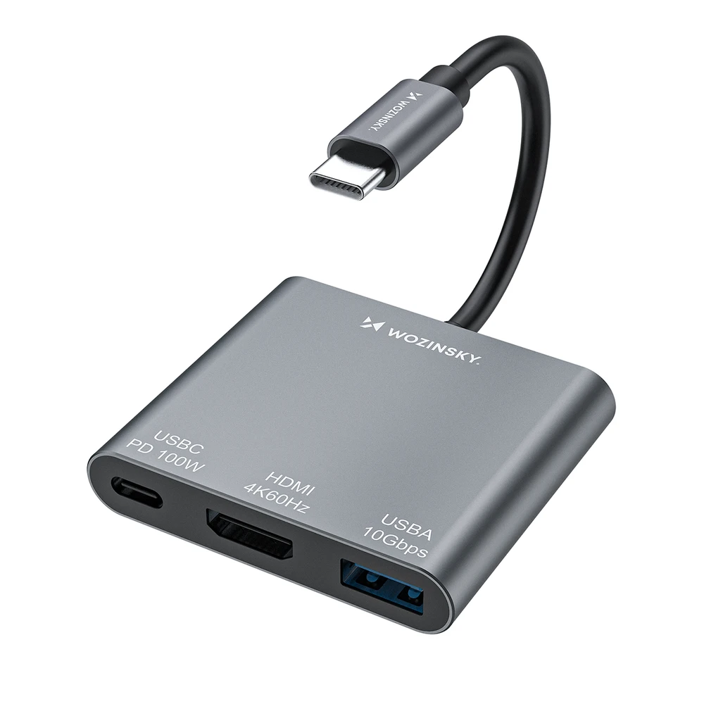 Wozinsky WHCH-01 USB-C PD šakotuvas 100W HDMI 4K@30Hz USB-A 10Gbps - pilkas