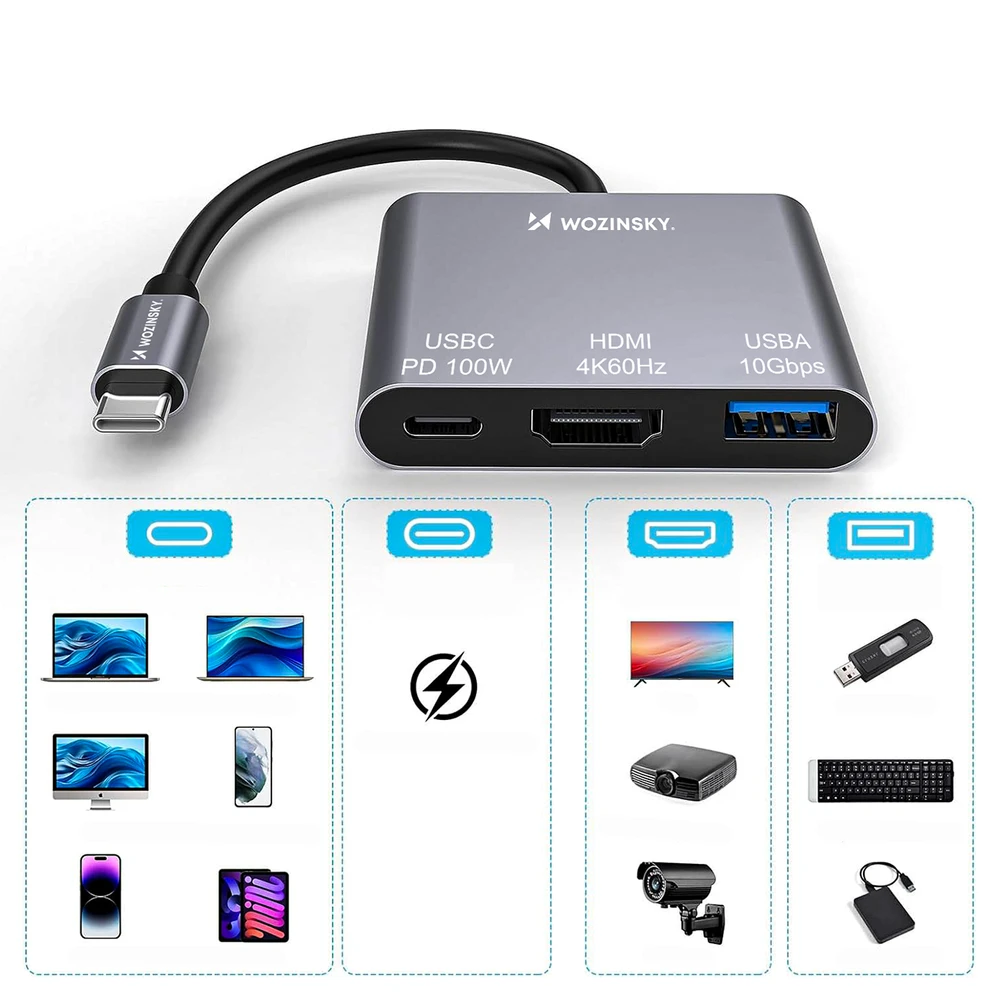Wozinsky WHCH-01 USB-C PD šakotuvas 100W HDMI 4K@30Hz USB-A 10Gbps - pilkas