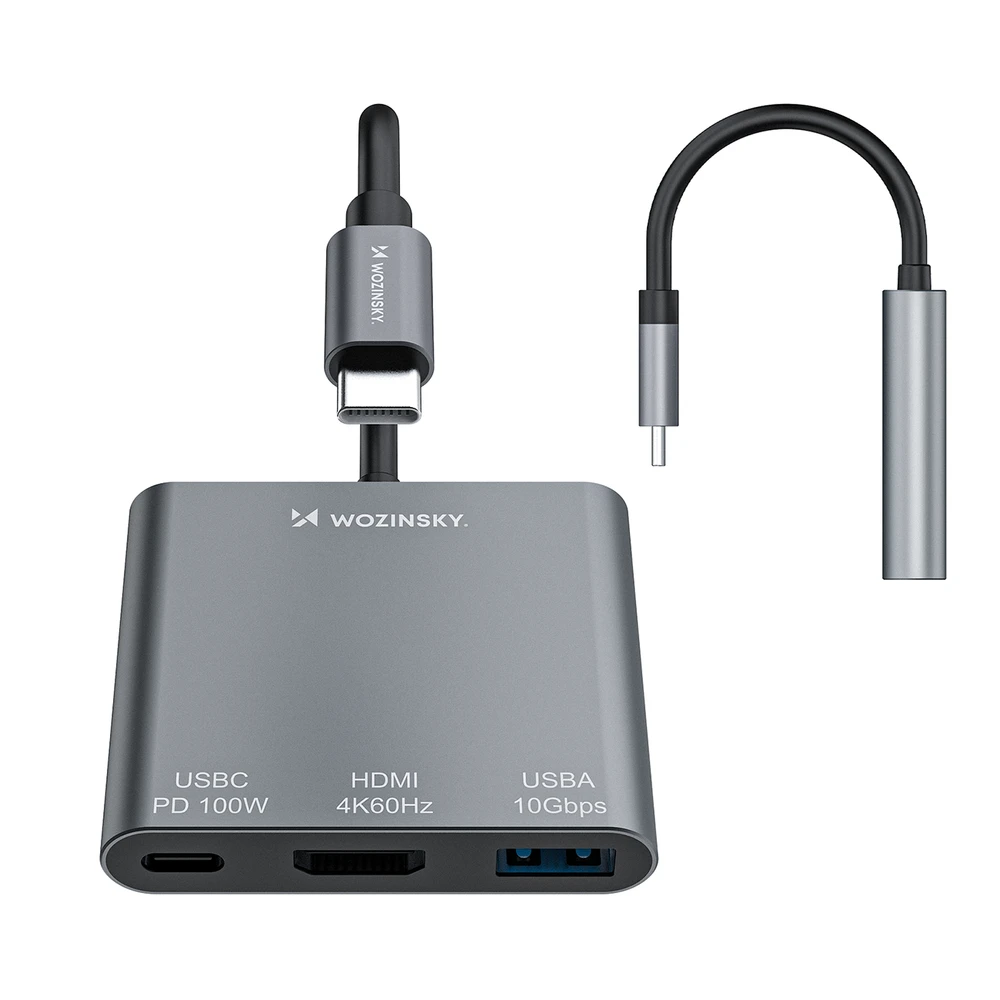 Wozinsky WHCH-01 USB-C PD šakotuvas 100W HDMI 4K@30Hz USB-A 10Gbps - pilkas