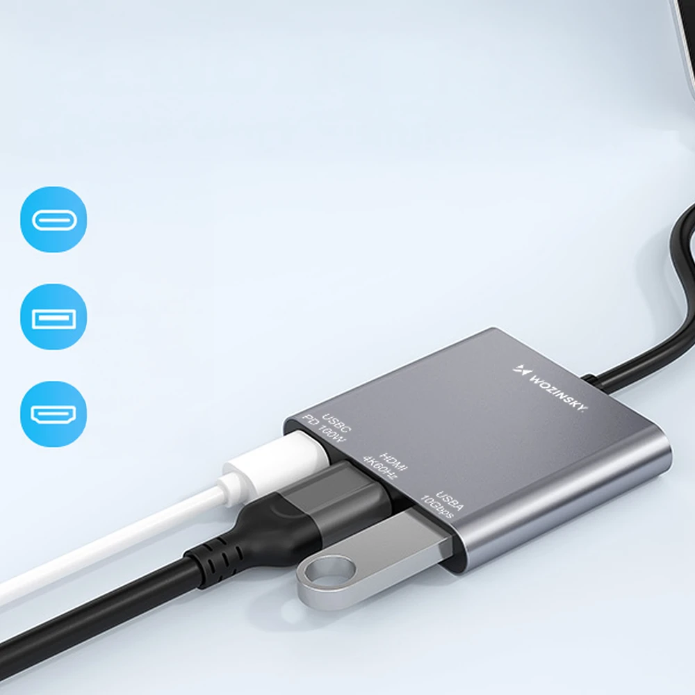 Wozinsky WHCH-01 USB-C PD šakotuvas 100W HDMI 4K@30Hz USB-A 10Gbps - pilkas