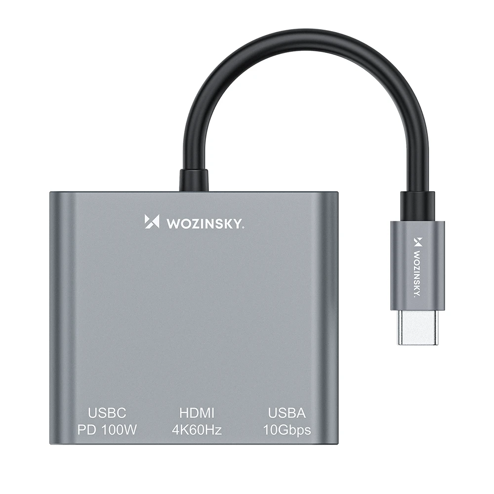 Wozinsky WHCH-01 USB-C PD šakotuvas 100W HDMI 4K@30Hz USB-A 10Gbps - pilkas