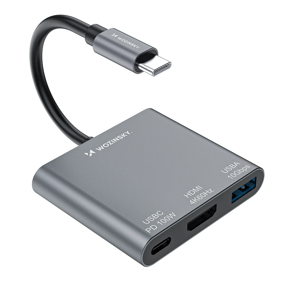 Wozinsky WHCH-01 USB-C PD šakotuvas 100W HDMI 4K@30Hz USB-A 10Gbps - pilkas