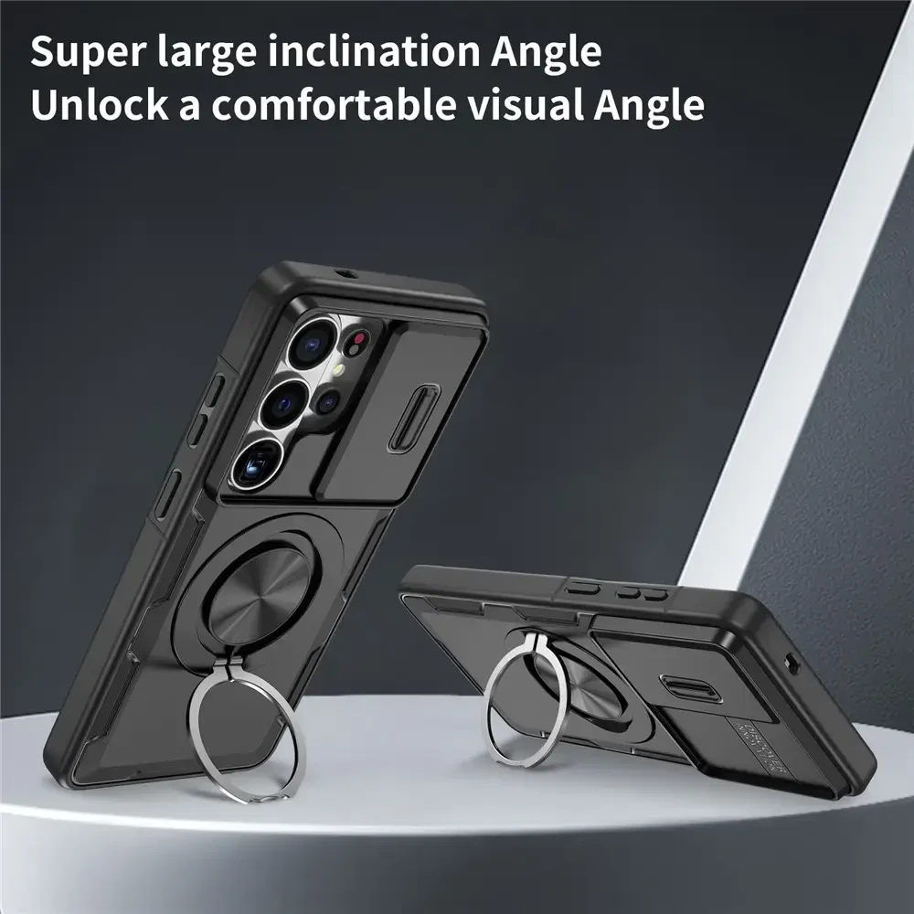 Hurtel „Samsung Galaxy S26 Ultra“ dėklas su stumdomu kameros dangteliu ir pasukamu stovu, suderinamas su „MagSafe“ – juodas