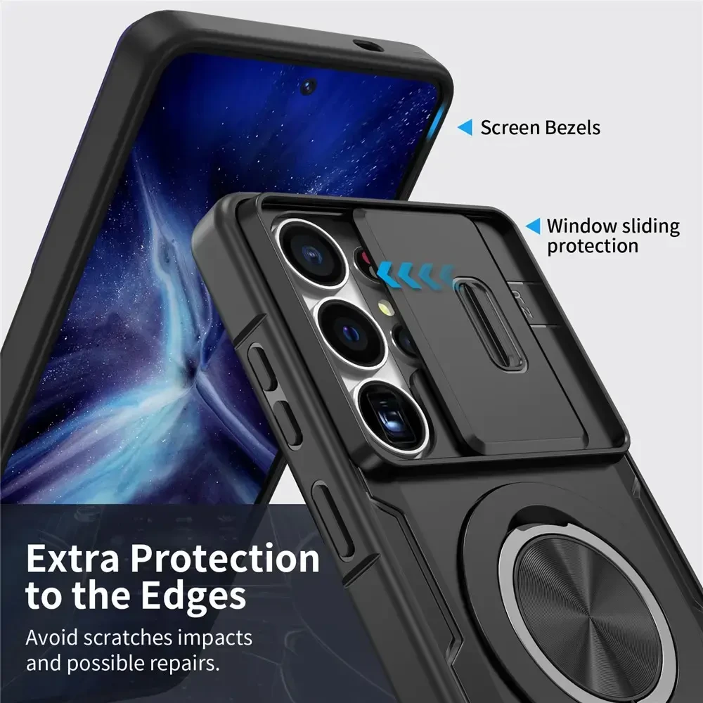 Hurtel „Samsung Galaxy S26 Ultra“ dėklas su stumdomu kameros dangteliu ir pasukamu stovu, suderinamas su „MagSafe“ – juodas
