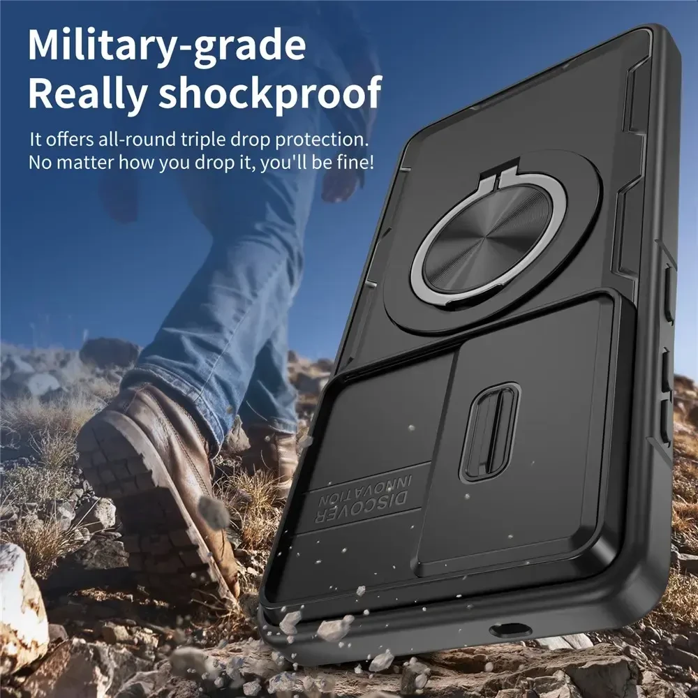 Hurtel „Samsung Galaxy S26 Ultra“ dėklas su stumdomu kameros dangteliu ir pasukamu stovu, suderinamas su „MagSafe“ – juodas
