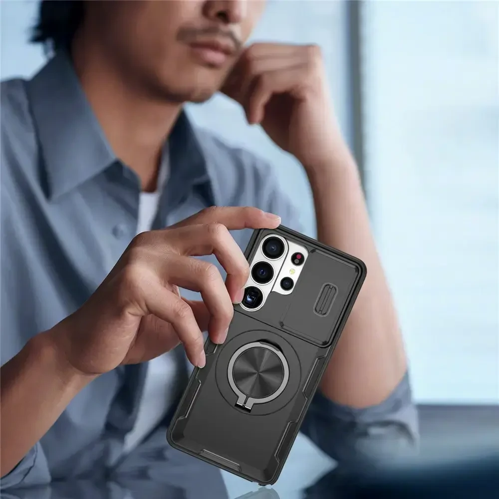 Hurtel „Samsung Galaxy S26 Ultra“ dėklas su stumdomu kameros dangteliu ir pasukamu stovu, suderinamas su „MagSafe“ – juodas