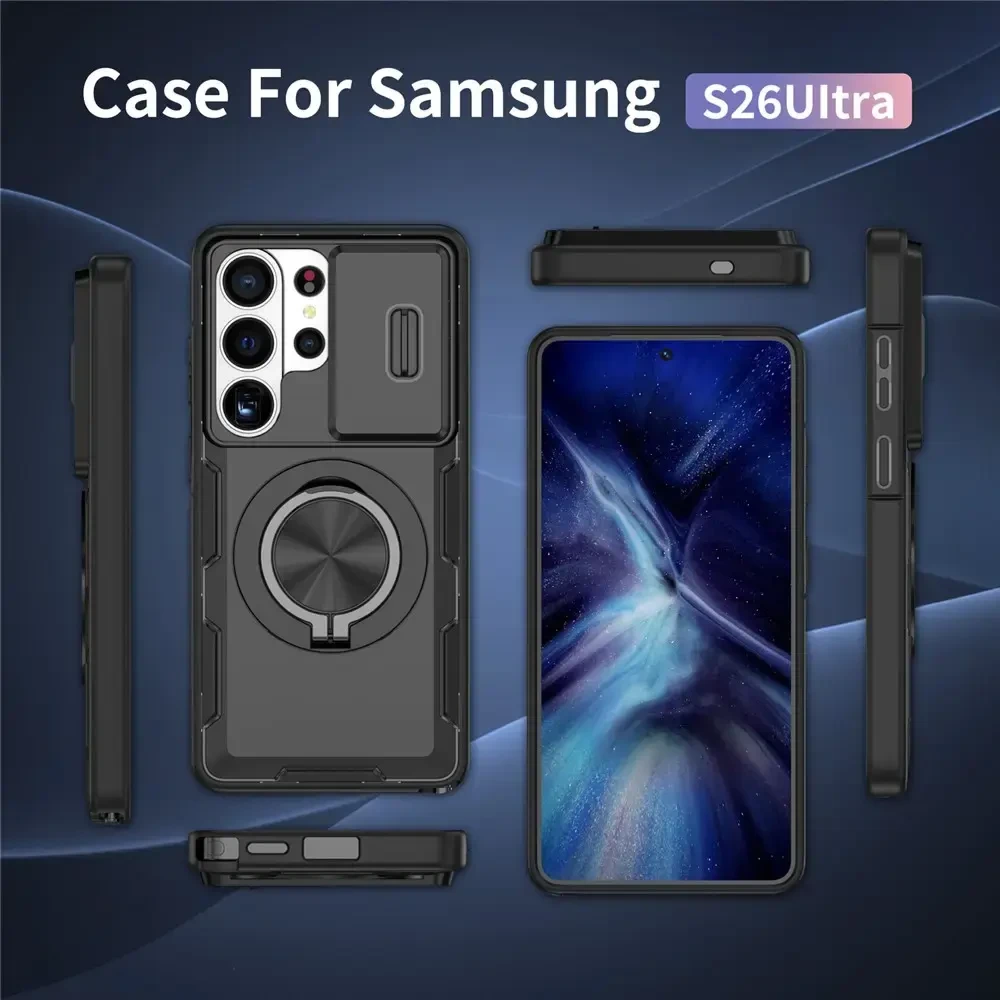 Hurtel „Samsung Galaxy S26 Ultra“ dėklas su stumdomu kameros dangteliu ir pasukamu stovu, suderinamas su „MagSafe“ – juodas