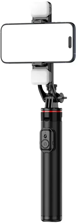 „Hurtel“ asmenukių lazda WC12YDS 1,3 m aliuminio lydinio teleskopinis trikojis su dviguba lempa ir telefono laikikliu – juodos spalvos