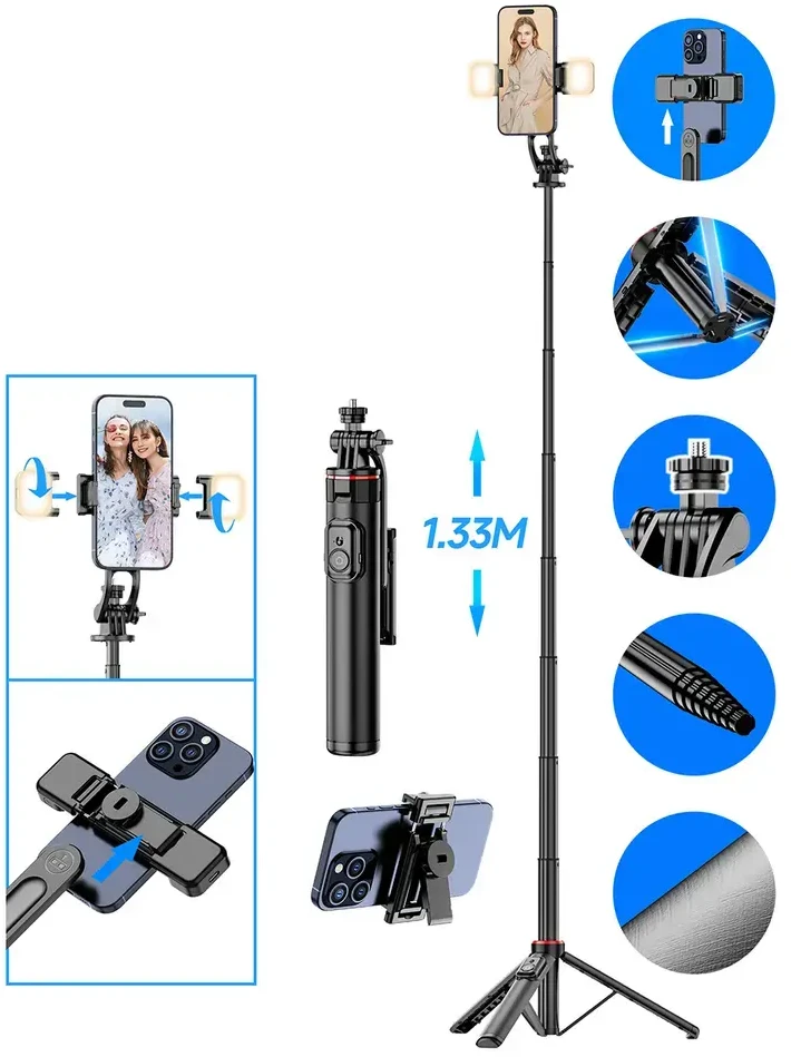 „Hurtel“ asmenukių lazda WC12YDS 1,3 m aliuminio lydinio teleskopinis trikojis su dviguba lempa ir telefono laikikliu – juodos spalvos