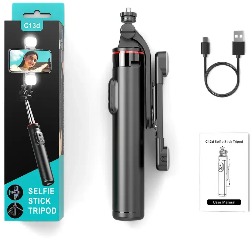 Hurtel Asmenukių lazda WC13YDS telescopic tripod 1.3m with double lamp and phone holder – juodos spalvos