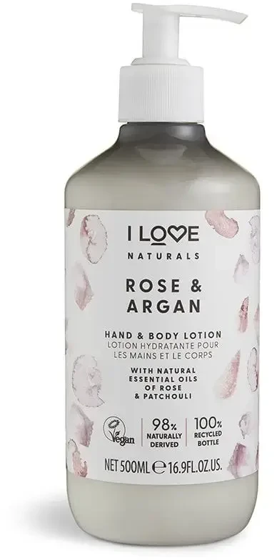 „I Love Naturals Collection“ veganiškas drėkinamasis rožių ir argano losjonas rankoms ir kūnui, 500 ml
