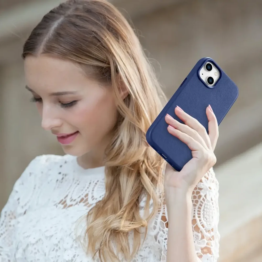 iCarer Leather Apple iPhone 14 Plus genuine leather dėklas telefonui mėlynos spalvos (compatible with MagSafe)