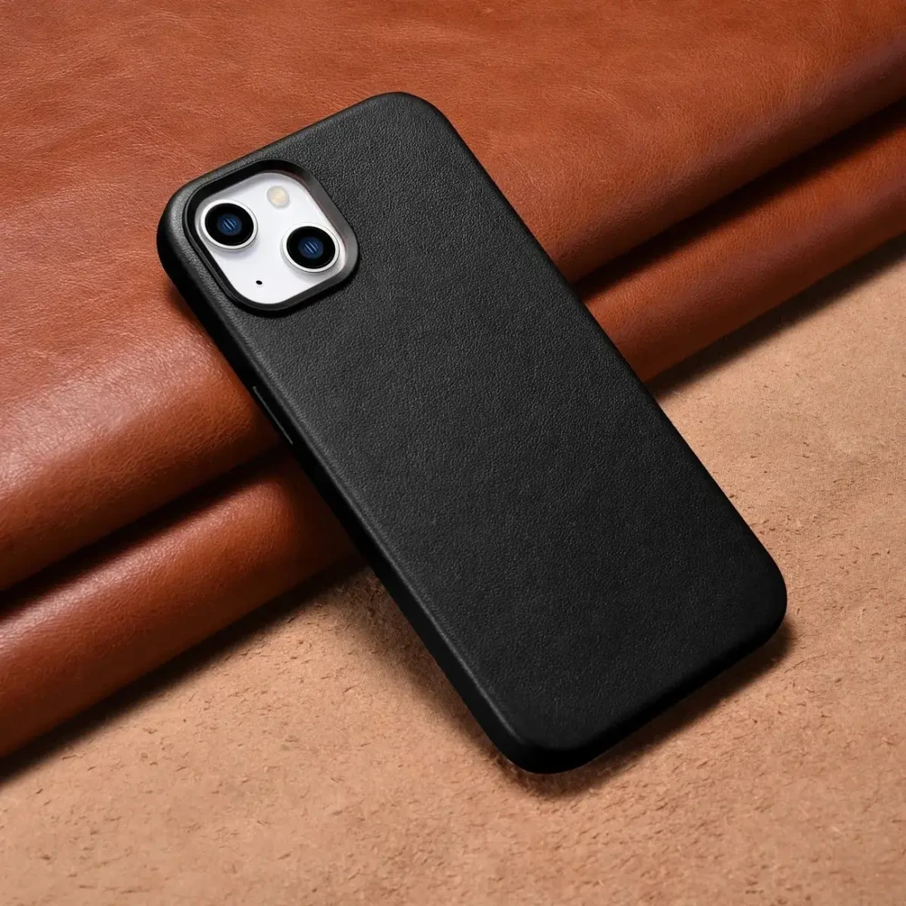 iCarer Leather Apple iPhone 14 Plus genuine leather dėklas telefonui juodos spalvos (compatible with MagSafe)