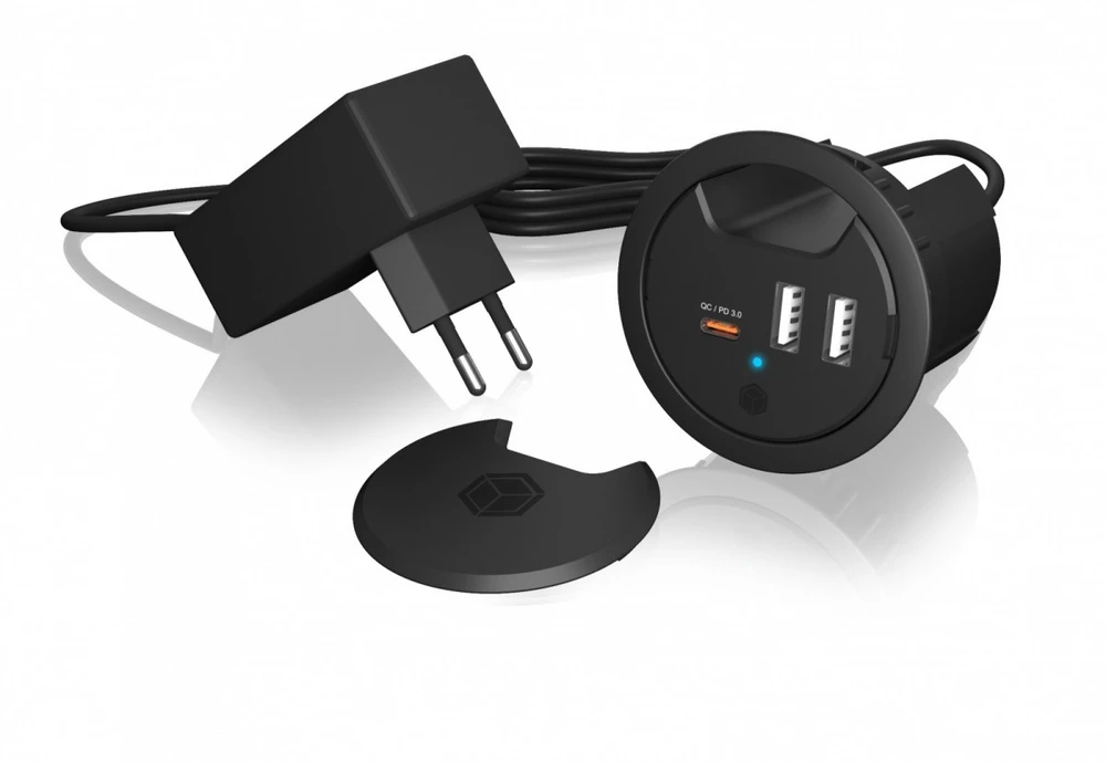 Icy Box IB-HUB1407 3 prievadų stalinis įkroviklis, 2x USB-A, 1x USB-C, 60 mm anga