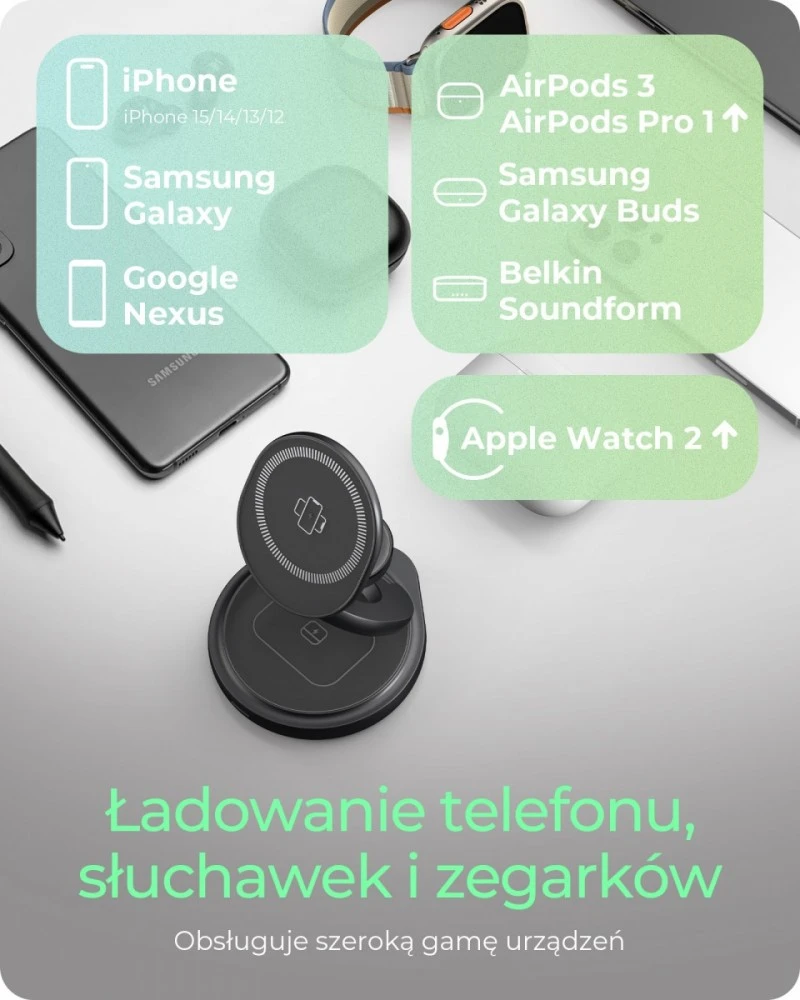Icy Box Raidsonic 3 in 1 sulankstomas magnetinis įkrovimo stovas mobiliajam telefonui, ausinėms ir išmaniesiems laikrodžiams, Aliuminio | Ledo dėžė IB-SH101-CH
