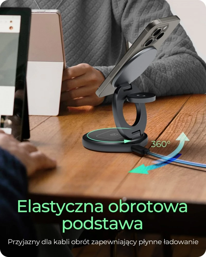 Icy Box Raidsonic 3 in 1 sulankstomas magnetinis įkrovimo stovas mobiliajam telefonui, ausinėms ir išmaniesiems laikrodžiams, Aliuminio | Ledo dėžė IB-SH101-CH