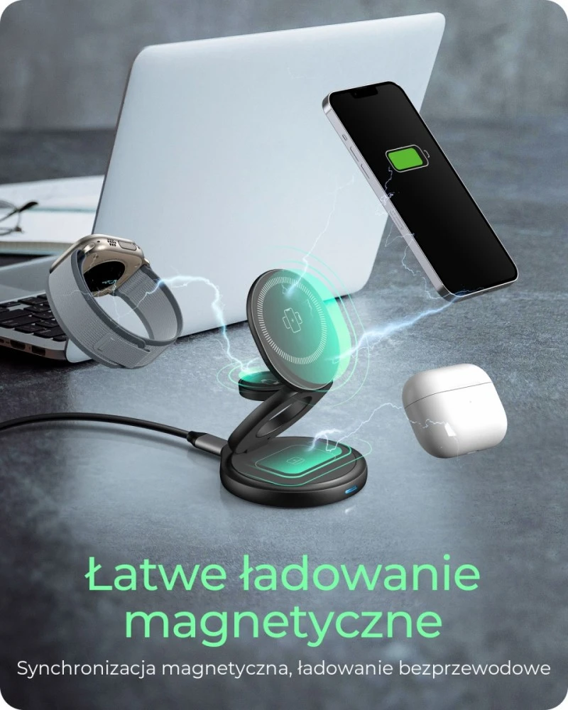 Icy Box Raidsonic 3 in 1 sulankstomas magnetinis įkrovimo stovas mobiliajam telefonui, ausinėms ir išmaniesiems laikrodžiams, Aliuminio | Ledo dėžė IB-SH101-CH