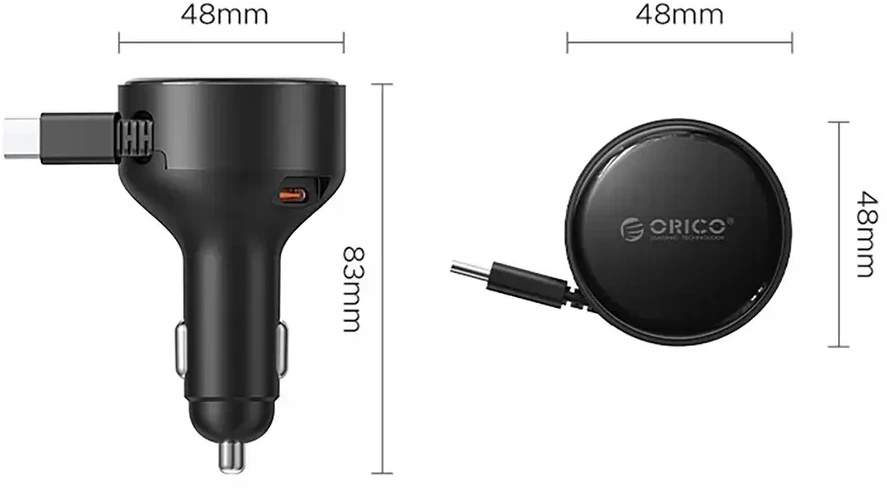 Automobilinis įkroviklis Orico FC-60-2C 60 W su USB-C įtraukiamu laidu, juodas