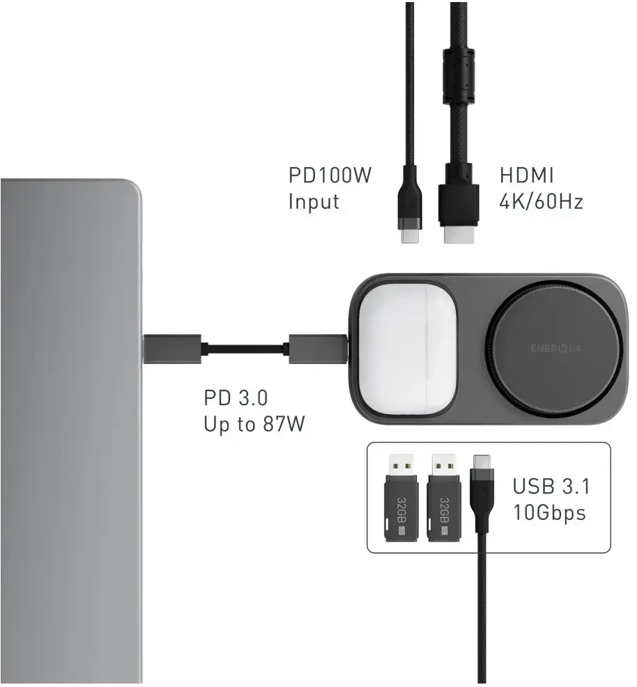 Įkrovimo stotelė „Energea Widock Plus 7in1“ USB-C 3.1 su Qi2 grafitu