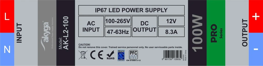 Maitinimo šaltinis Akyga 12V 8.3A 100W IP67