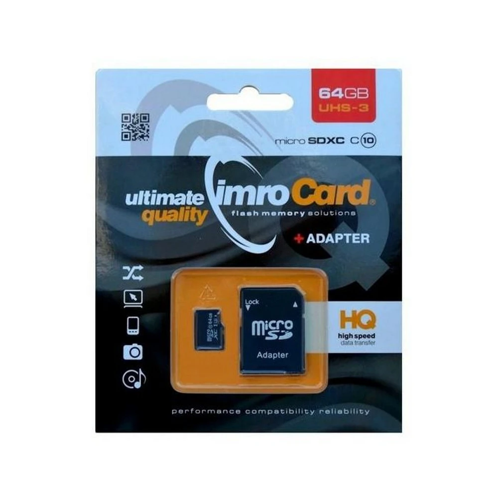 IMRO atminties kortelė Micro SD 64GB 100MB/s class 10 UHS 3 su adapteriu SD