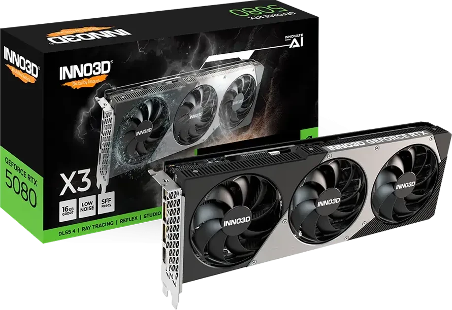 Vaizdo plokštė INNO3D NVIDIA GEFORCE RTX 5080 X3 16GB GDDR7 256bit, 2617 MHz / 30Gbps, 3x DP, 1x HDMI, 3 ventiliatoriai, 2 lizdai