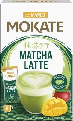 Žaliosios arbatos gėrimas MOKATE latte matcha ir mango skonio, 6 x 14g