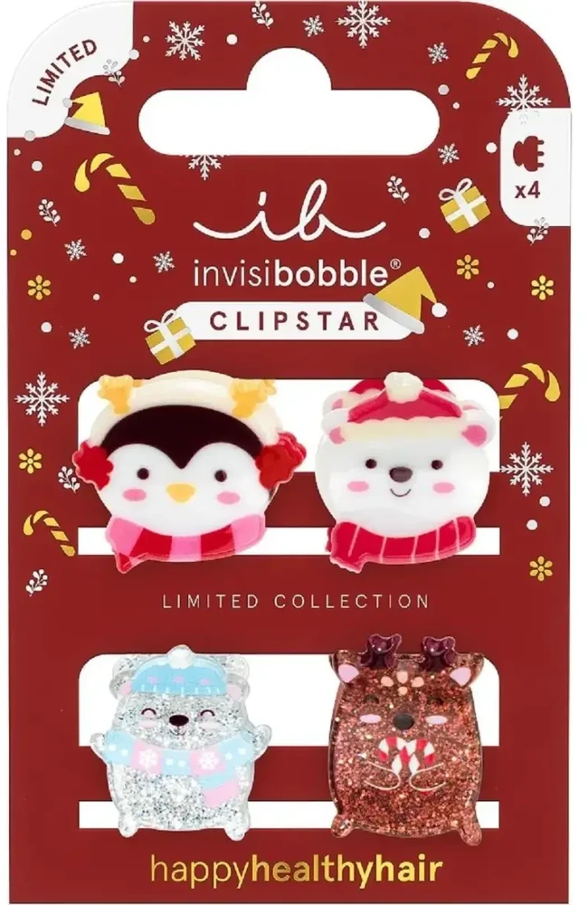Invisibobble „Clipstar Kids“ jaukūs snieguotų draugų plaukų segtukai, 4 vnt.