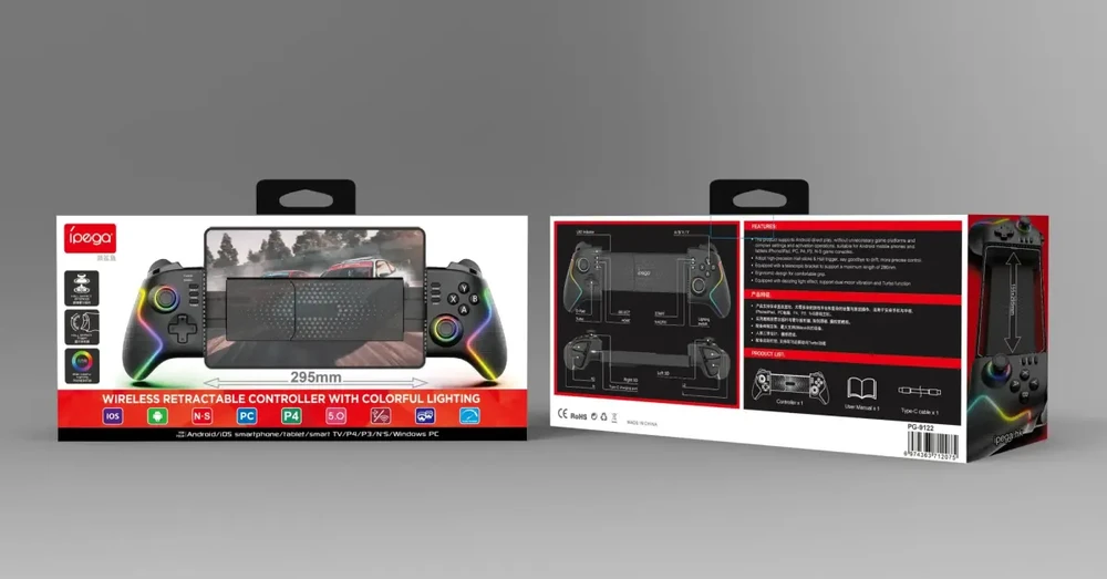 „iPega 9122“ belaidis tempimo RGB žaidimų pultas, skirtas „Android“ / „iOS“ / „PS3“ / „PS4“ / „PC“, juodas