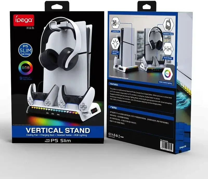 iPega P5S006 daugiafunkcis įkrovimo RGB stovas su aušinimu, skirtas PS5 Slim Baltas
