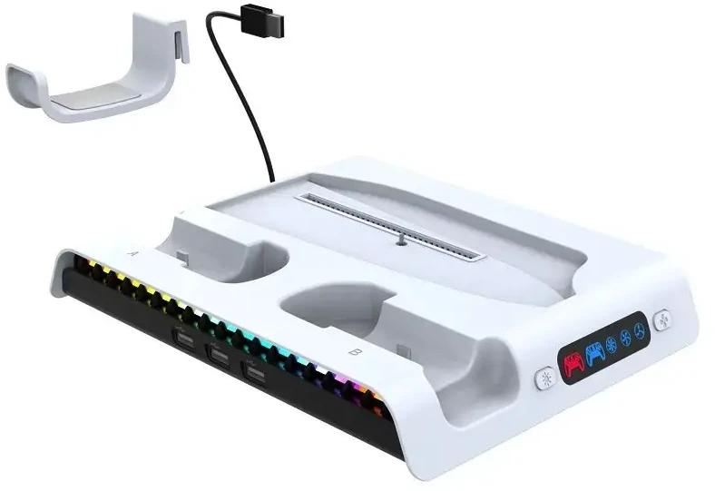 iPega P5S006 daugiafunkcis įkrovimo RGB stovas su aušinimu, skirtas PS5 Slim Baltas