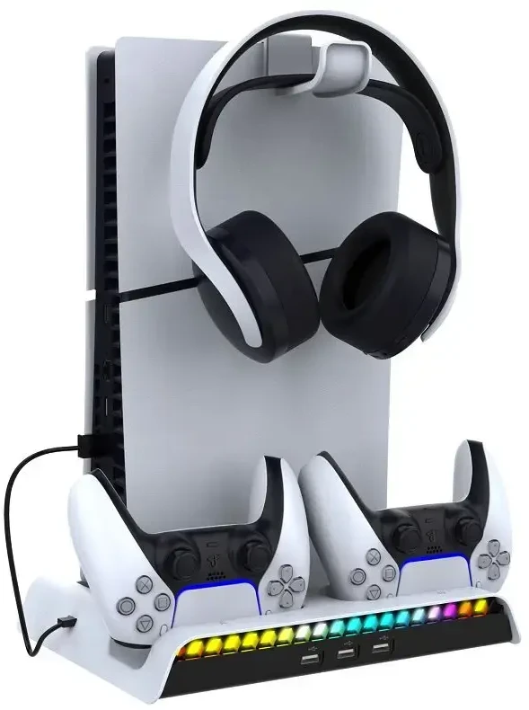 iPega P5S006 daugiafunkcis įkrovimo RGB stovas su aušinimu, skirtas PS5 Slim, baltas (pažeista pakuotė)