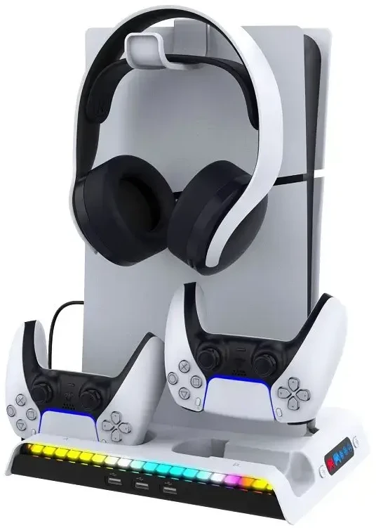 iPega P5S006 daugiafunkcis įkrovimo RGB stovas su aušinimu, skirtas PS5 Slim Baltas