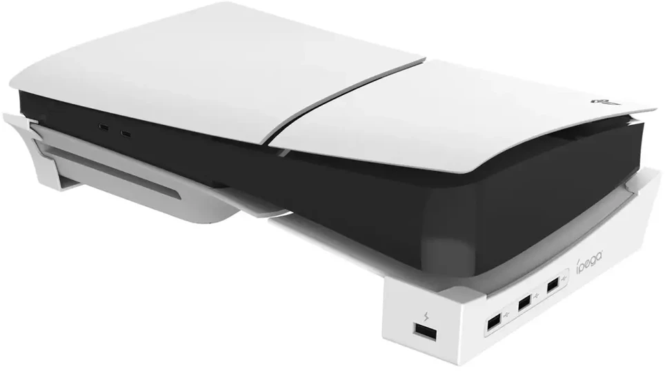 - iPega P5S008 horizontalus stovas su USB šakotuvu, skirtas PS5 Slim Baltas